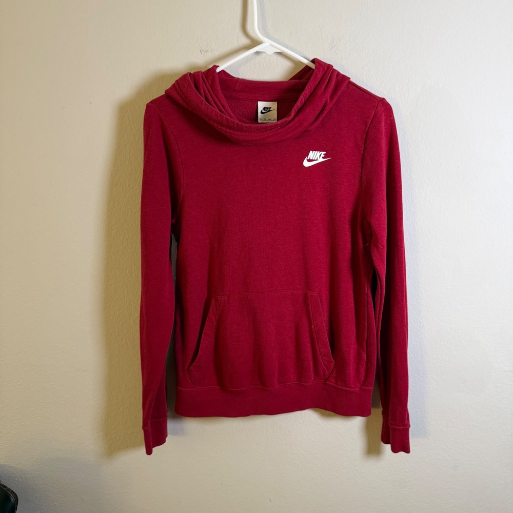 Nike Womens Cowl Neck Hoodie Dark Red Heather Pullover XS Sweatshirt Logo